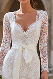 Long Sleeve Bodycon Lace Ivory Engagement Dress with Sash