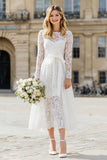 Ivory Long Sleeve A Line Lace Bowed Engagement Dress