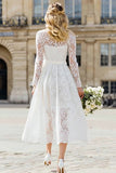 Ivory Long Sleeve A Line Lace Bowed Engagement Dress