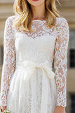 Ivory Long Sleeve A Line Lace Bowed Engagement Dress