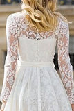 Ivory Long Sleeve A Line Lace Bowed Engagement Dress