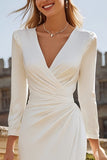 Long Sleeve V Neck Bodycon Ruched Ivory Engagement Dress