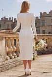 Long Sleeve V Neck Bodycon Ruched Ivory Engagement Dress