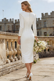 Long Sleeve V Neck Bodycon Ruched Ivory Engagement Dress