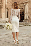 Ivory Long Sleeve Bodycon Lace Midi Engagement Dress