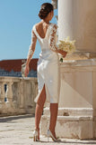Ivory Bodycon Satin Midi Engagement Dress with Lace