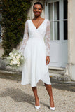Long Sleeve A Line Lace Pleated Ivory Engagement Dress