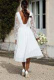 Long Sleeve A Line Lace Pleated Ivory Engagement Dress