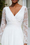 Long Sleeve A Line Lace Pleated Ivory Engagement Dress