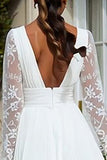 Long Sleeve A Line Lace Pleated Ivory Engagement Dress