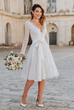 Long Sleeve Ivory A Line Lace Bowed Engagement Dress with Sash