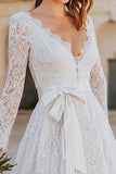 Long Sleeve Ivory A Line Lace Bowed Engagement Dress with Sash