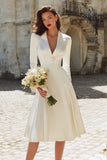 Peaked Lapel Long Sleeve Ivory A Line Satin Short Engagement Dress
