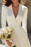 Peaked Lapel Long Sleeve Ivory A Line Satin Short Engagement Dress