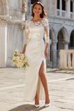 Ivory Long Sleeve Embroidered Satin Lace Engagement Dress