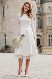Satin Long Sleeve A Line Ivory Lace Engagement Dress