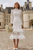 High Neck Ruffled Ivory Midi Lace Engagement Dress