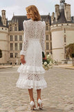 High Neck Ruffled Ivory Midi Lace Engagement Dress