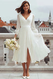 Long Sleeve V Neck Ivory A Line Engagement Dress with Slit