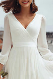Long Sleeve V Neck Ivory A Line Engagement Dress with Slit
