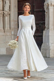 Ivory Long Sleeve Satin A Line Engagement Dress with Lace