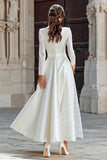 Ivory Long Sleeve Satin A Line Engagement Dress with Lace