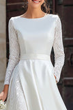 Ivory Long Sleeve Satin A Line Engagement Dress with Lace