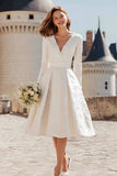 Long Sleeve V Neck Ivory Jacquard A Line Engagement Dress