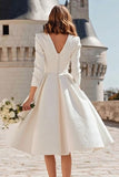 Long Sleeve V Neck Ivory Jacquard A Line Engagement Dress