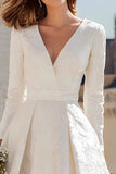 Long Sleeve V Neck Ivory Jacquard A Line Engagement Dress