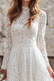 Long Sleeve A Line Ivory High Neck Engagement Dress