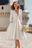 Ivory A Line 3/4 Sleeve V Neck Engagement Dress