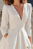Ivory A Line 3/4 Sleeve V Neck Engagement Dress