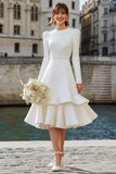 Long Sleeve Ruffled Ivory Midi Engagement Dress
