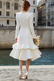 Long Sleeve Ruffled Ivory Midi Engagement Dress