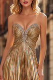Gold Strapless Pleated A Line Prom Dress with Rhinestones