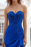 Strapless Embroidered Ruched Royal Blue Prom Dress