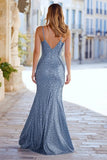 Dusty Blue Mermaid Sequin Spaghetti Straps Prom Dress