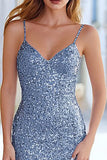 Dusty Blue Mermaid Sequin Spaghetti Straps Prom Dress
