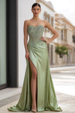 Strapless Sage Green Embroidered A Line Prom Dress