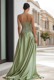 Strapless Sage Green Embroidered A Line Prom Dress