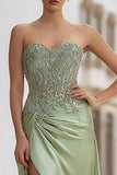 Strapless Sage Green Embroidered A Line Prom Dress