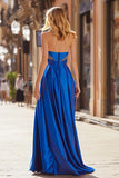 Strapless Royal Blue Ruched A Line Prom Dress