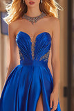 Strapless Royal Blue Ruched A Line Prom Dress