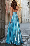 Light Blue Strapless Pleated A Line Prom Dress