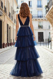 Glitter Tiered Navy V Neck Beaded A Line Prom Dress