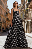 Simple A Line Square Neck White Black Dots Prom Dress