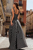Simple A Line Square Neck White Black Dots Prom Dress