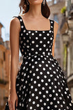 Simple A Line Square Neck White Black Dots Prom Dress