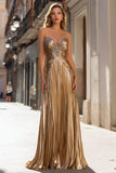 Gold A Line Beaded Strapless Ruched Prom Dress
